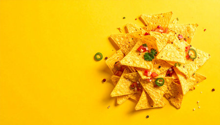 Mexican nachos chips on yellow background with copy space.の素材
