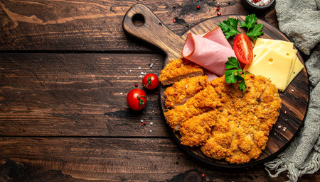 Fried pork chop with cheese, ham and tomatoes. Wooden background. Top viewの素材