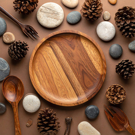 Wooden plate, wooden spoon, pine cones and stones on brown backgroundの素材