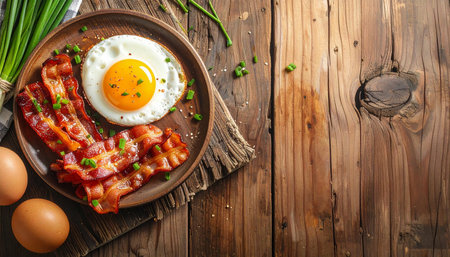 Breakfast with fried eggs, bacon and chives on wooden backgroundの素材
