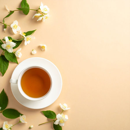 Cup of tea with jasmine flowers on beige backgroundの素材