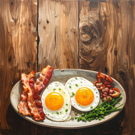 Breakfast with fried eggs, bacon and vegetables on a wooden backgroundの素材