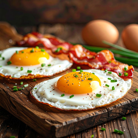 Fried eggs with bacon and green onion on a wooden board.の素材