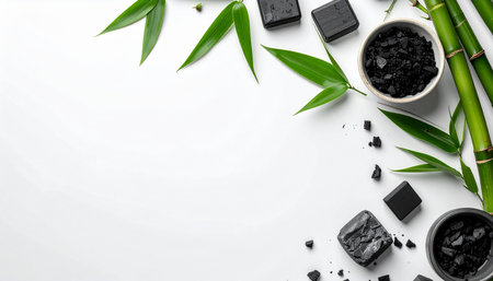 Spa background with green bamboo leaves, soap and spa accessories.の素材