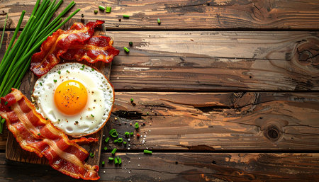 Breakfast with fried egg, bacon and chives on wooden backgroundの素材