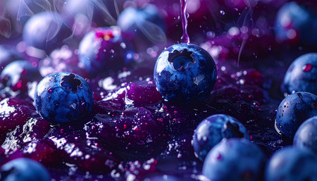Fresh blueberries with drops of water on a black background. Selective focus.の素材