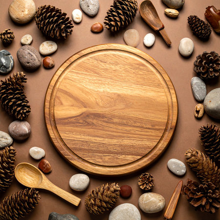 Wooden cutting board, wooden spoon, pine cones and stones on brown backgroundの素材
