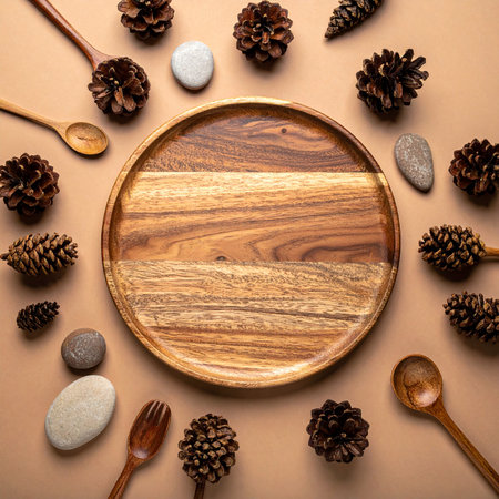 Wooden plate, spoons and pine cones on brown background.の素材