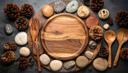 Wooden plate, cutlery and pine cones on stone backgroundの素材