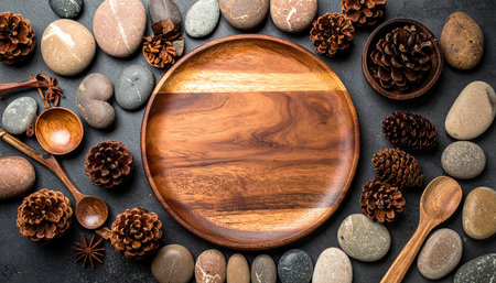 Wooden plate, spoons and pebbles on stone backgroundの素材
