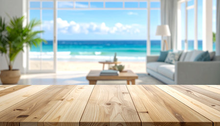 Wood table top on blur beach background - can be used for display or montage your productsの素材