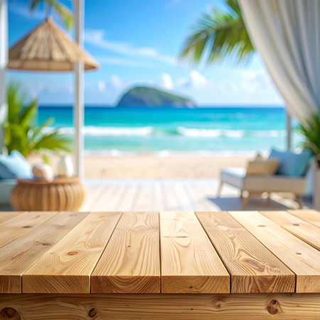 Wooden table top on blur beach background - can be used for display or montage your productsの素材
