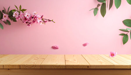 Wooden table top on pink wall background with spring cherry blossom.の素材