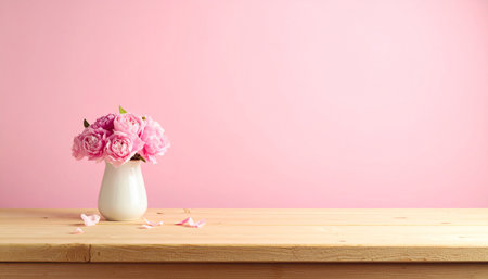 Bouquet of pink flowers in vase on wooden table over pink backgroundの素材