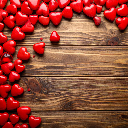 Valentine's day background with red hearts on brown wooden boardの素材