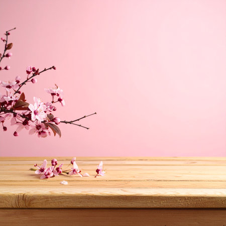 Wooden table with cherry blossoms on pink background. Mock upの素材