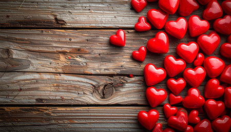 Valentines day background with red hearts on rustic wooden boardの素材