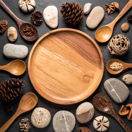 Wooden plate, spoons, pine cones and stones on black backgroundの素材