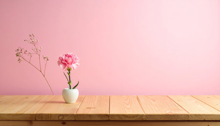 Wood table top on pink background with flower in vase decoration.の素材