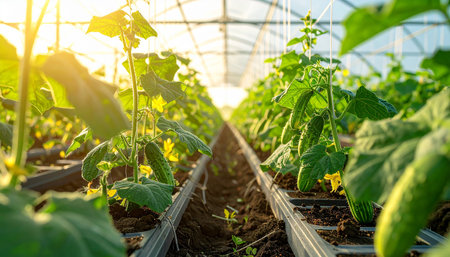 Seedlings of cucumbers growing in a greenhouse. Rows of seedlings in a greenhouse.の素材