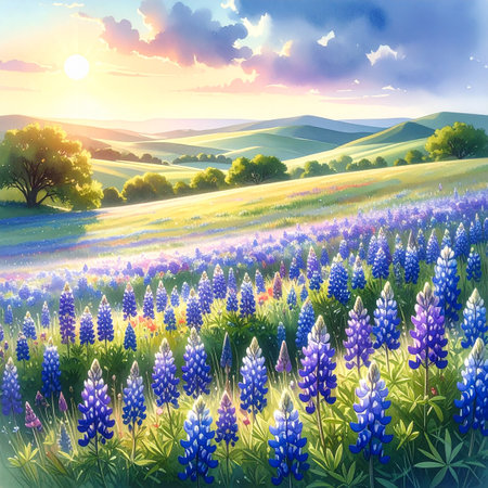 Beautiful spring landscape with lupine flowers. Digital painting.の素材