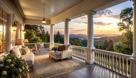 Luxury balcony with view of mountains and sunset. Northwest, USAの素材