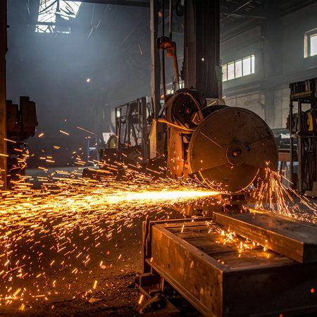 Worker cuts metal with a grinder in a metallurgical plantの素材