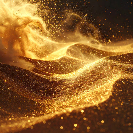 Golden particles on black background. 3d rendering, 3d illustration.の素材