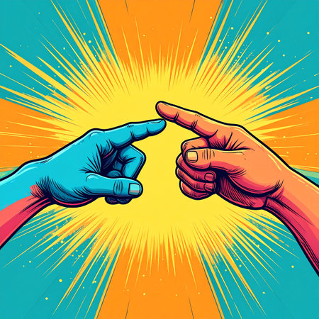 Vector illustration of two hands pointing at each other. Retro pop art style.の素材