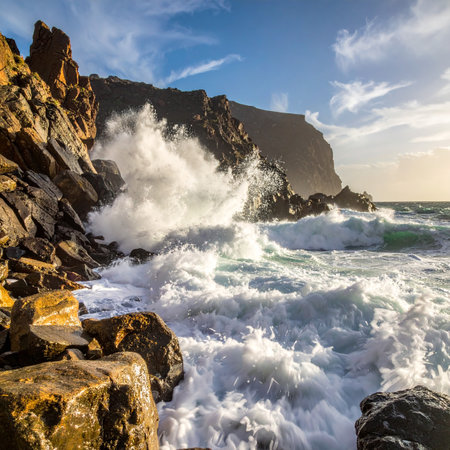 Waves crashing on the rocks at sunset, Tenerife, Spainの素材