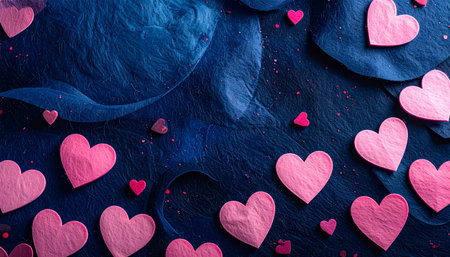 Valentine's day background with hearts and confetti on dark blue paperの素材