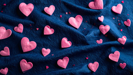 Valentines day background with pink hearts on dark blue fabric.の素材