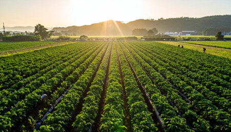 Aerial view of green pepper field at sunset in the morning.の素材