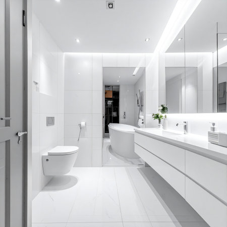interior of modern bathroom with white tile floor, shower and toiletの素材