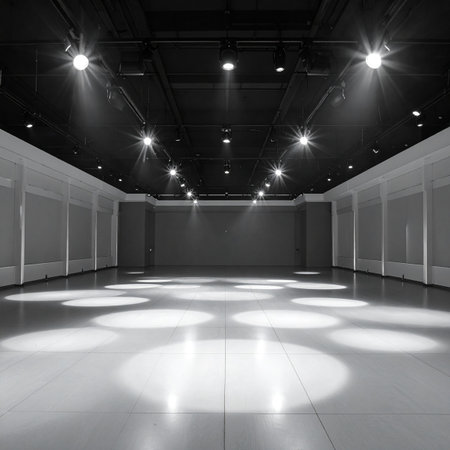 Empty room with spotlights in a modern art gallery. 3d renderの素材