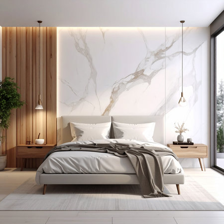 Interior of modern bedroom with white marble walls, tiled floor, comfortable king size bed with beige blanket and wooden wardrobe. 3d renderingの素材