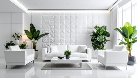 Modern white living room interior design with sofa, plants and decorative wall. 3D Renderingの素材