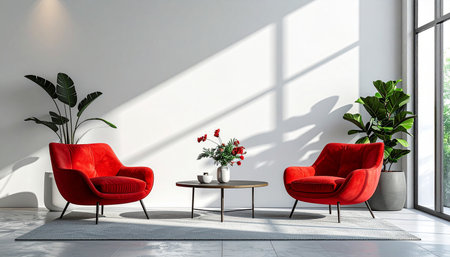 Interior of modern living room with white walls, tiled floor, comfortable red armchairs standing near round coffee table with red flowers. 3d renderingの素材