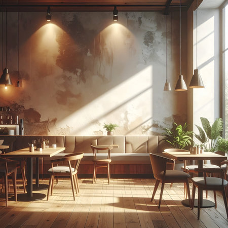 Interior of modern cafe with brick walls, wooden floor, round tables and beige chairs. 3d renderingの素材