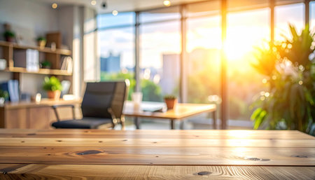 Wooden table and blurred background of modern office workplace with laptop and coffee cupの素材