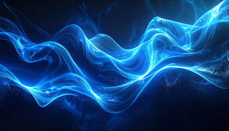 blue abstract background with glowing particles, wave lines, 3d renderの素材
