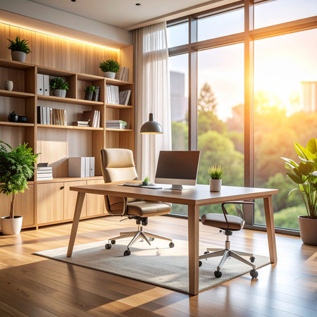 Modern office interior with wooden furniture and daylight. 3D Renderingの素材
