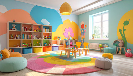 Children's room with colorful furniture and toys. 3D rendering.の素材