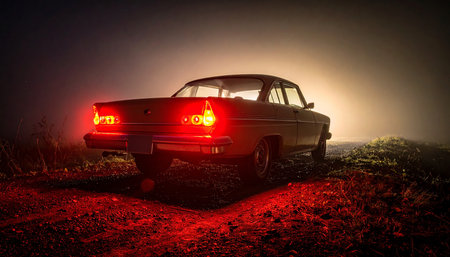 Old car on the road at night with fog in the background.の素材