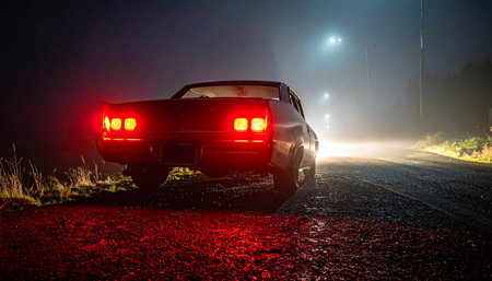 Car on the road at night with fog and lights in the backgroundの素材