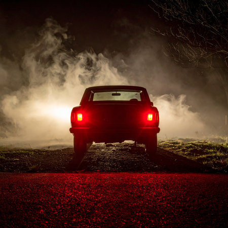 Car on the road in a foggy forest at night. Car silhouetteの素材