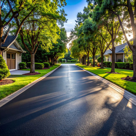 Empty asphalt road in front of a modern residential house with trees.の素材