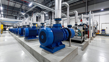 Interior of a modern power plant with blue pumps and motors.の素材