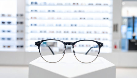 Eyeglasses on display in a modern optics store. Selective focus.の素材