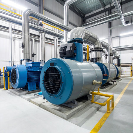 Interior of a power plant with large blue electric motors and pipesの素材
